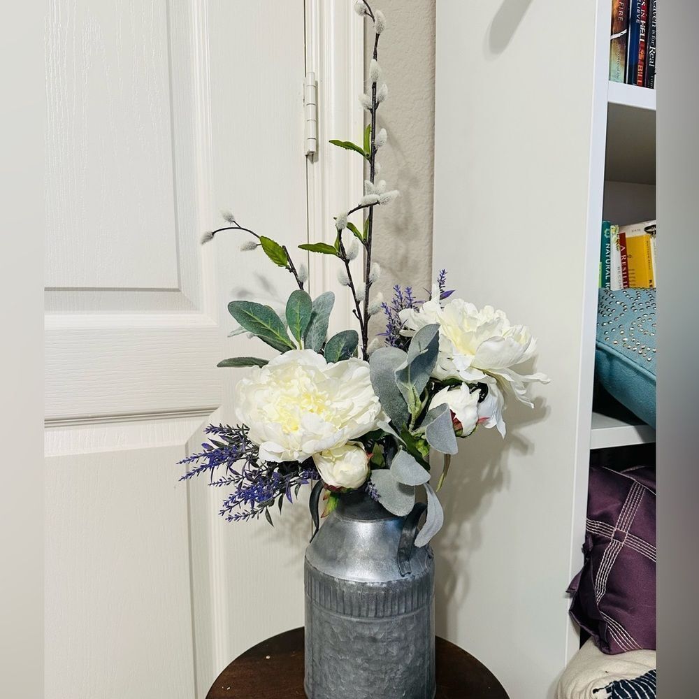 Farmhouse Peony Lavender Lamb’s Ear Floral Centerpiece Arrangement
